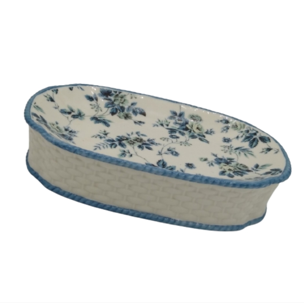 Springs Garden Room Basketweave Blue Roses Floral Porcelain Soap Dish